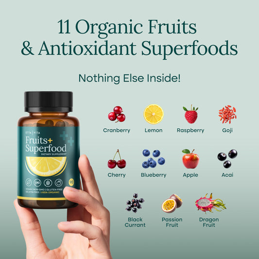 Etta Vita 31-fruit-and-veg blend capsules showing colorful nutrients.