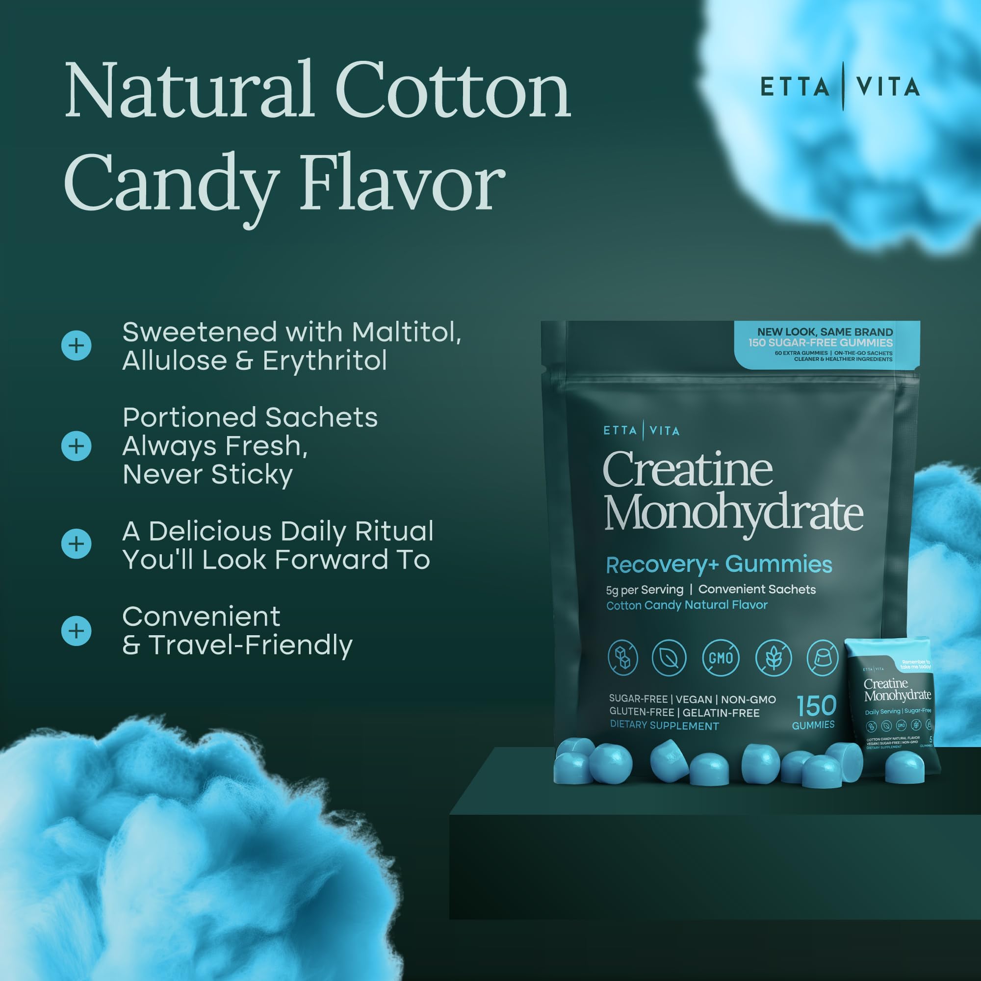 Etta Vita creatine gummies bottle label close-up highlighting non-GMO and gluten-free formulation.