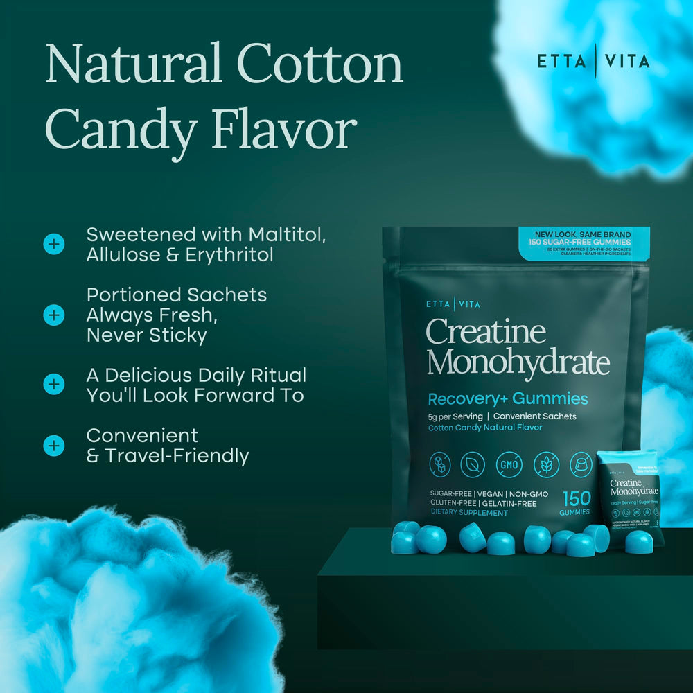 Etta Vita creatine gummies bottle label close-up highlighting non-GMO and gluten-free formulation.