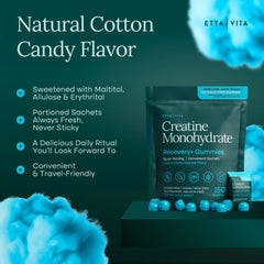 Etta Vita creatine gummies bottle label close-up highlighting non-GMO and gluten-free formulation.