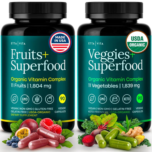 Etta Vita fruits and veggies supplement bottle for daily balanced nutrition.