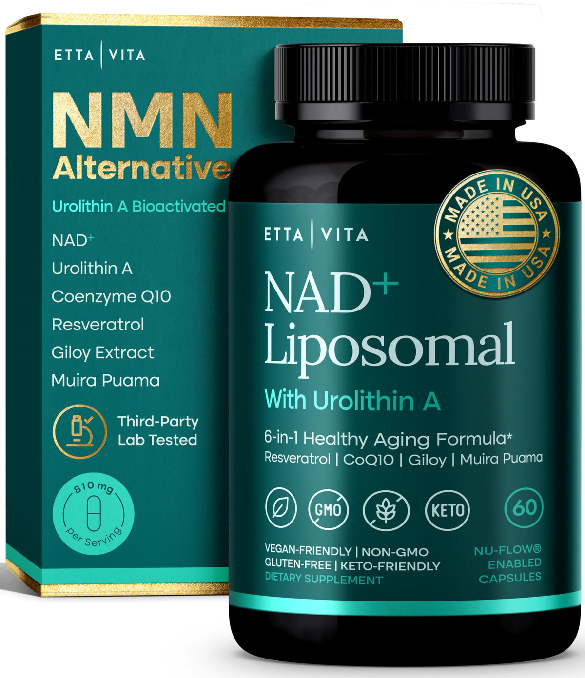 Etta Vita liposomal NAD+ bottle emphasizes energy support potential.