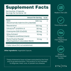 Etta Vita liposomal NAD+ label close-up reveals premium formulation.