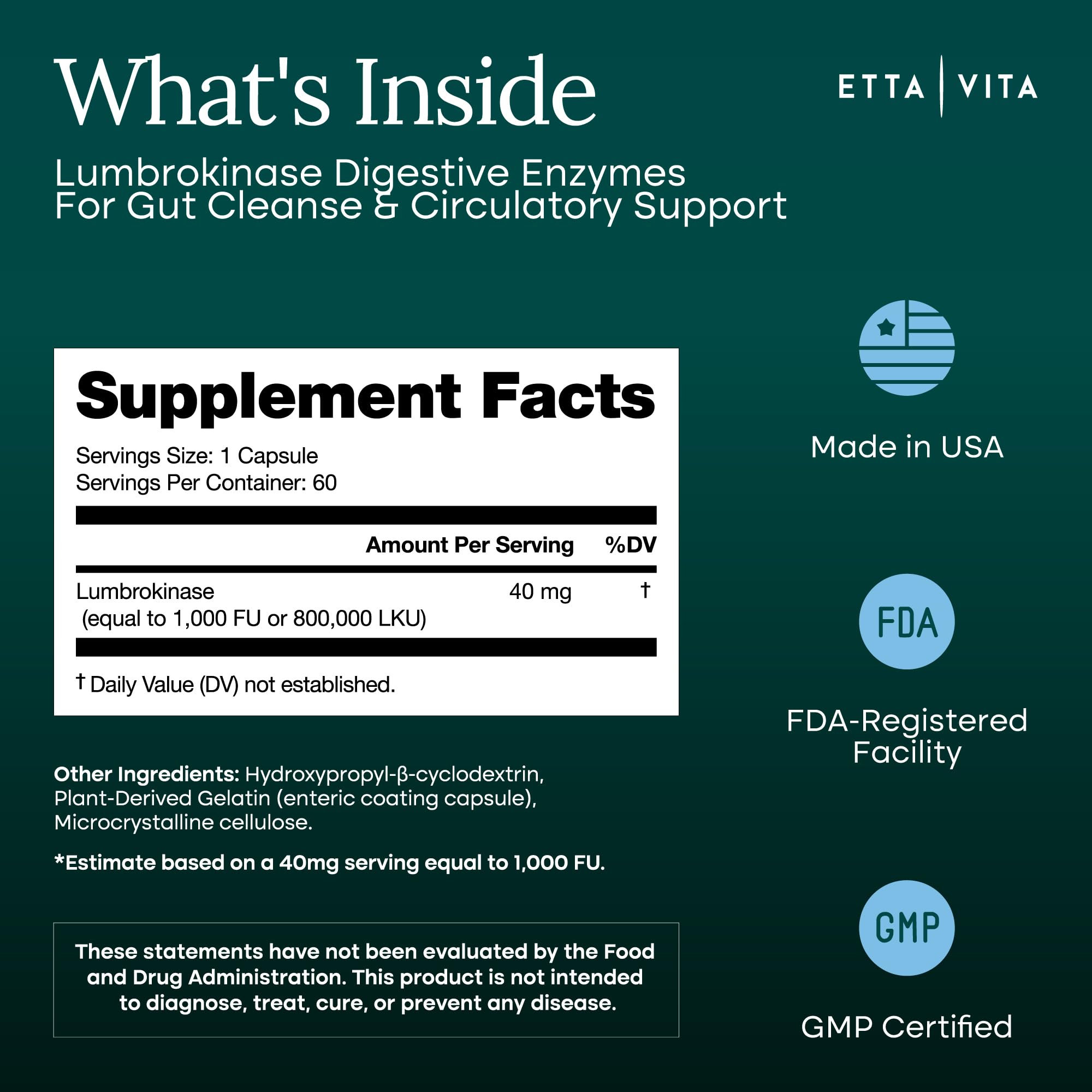 Close-up of Etta Vita Potent Lumbrokinase capsules showing high enzyme potency.