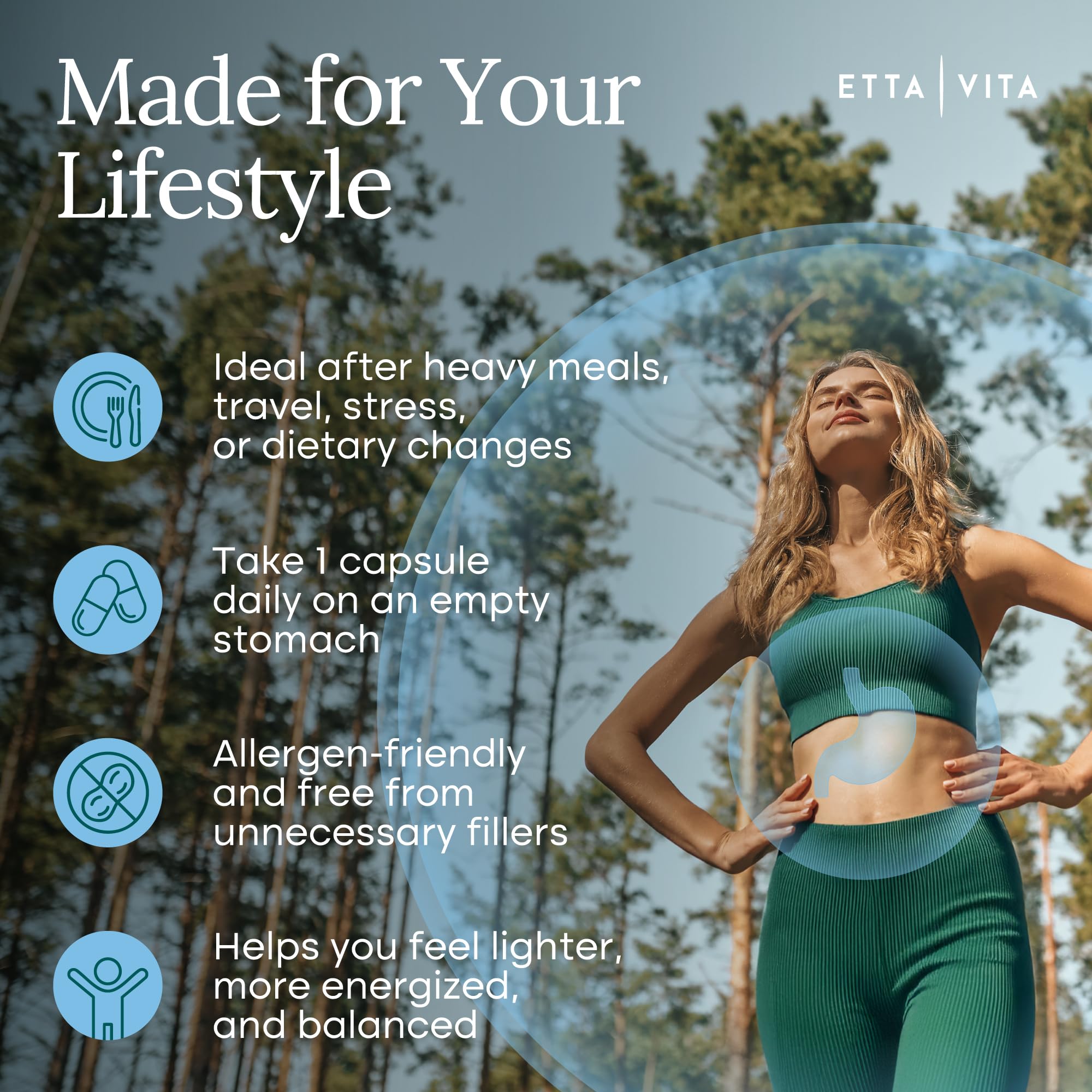 Etta Vita Potent Lumbrokinase displayed with a digestive scene suggesting post-meal support.