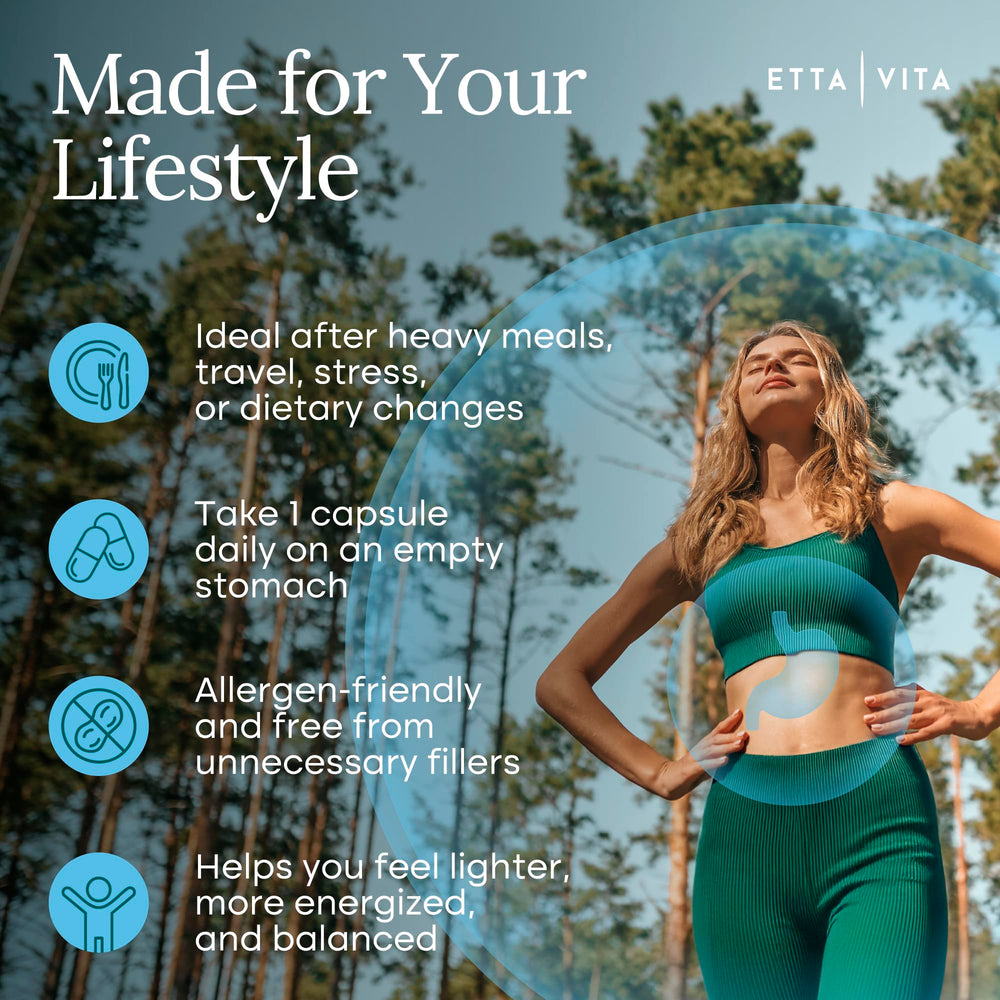 Etta Vita Potent Lumbrokinase displayed with a digestive scene suggesting post-meal support.