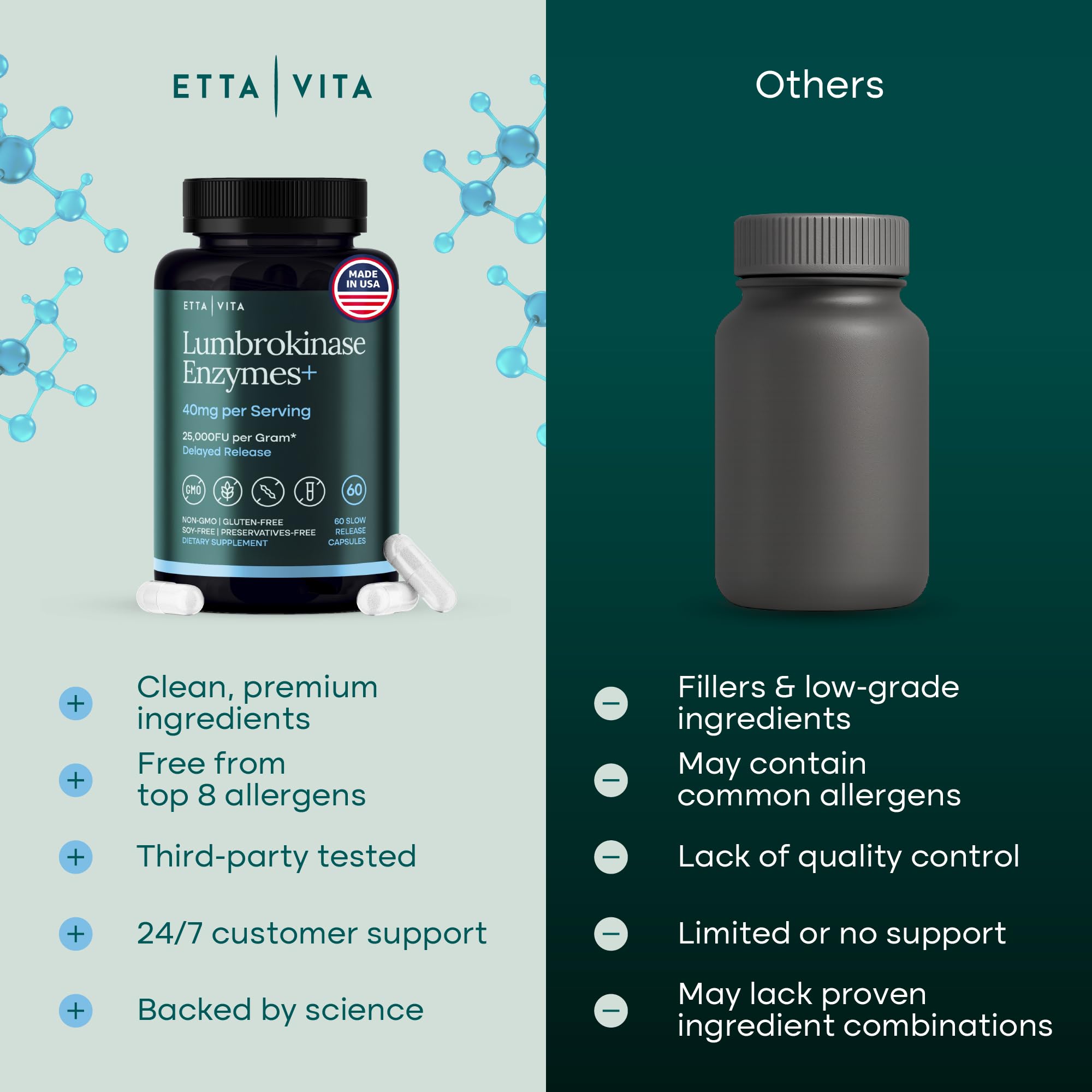 GMP-certified facility icon with Etta Vita Lumbrokinase indicating safe manufacturing.