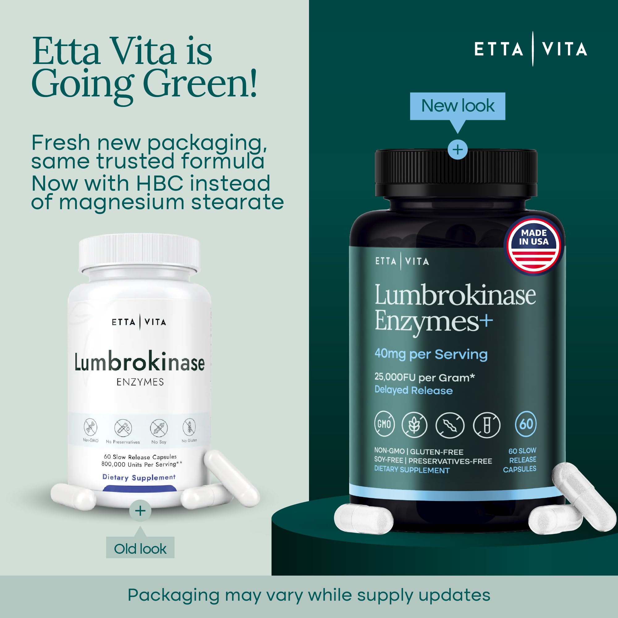 Label of Etta Vita Potent Lumbrokinase detailing non-GMO and gluten-free ingredients.