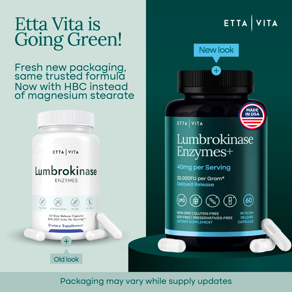 Label of Etta Vita Potent Lumbrokinase detailing non-GMO and gluten-free ingredients.