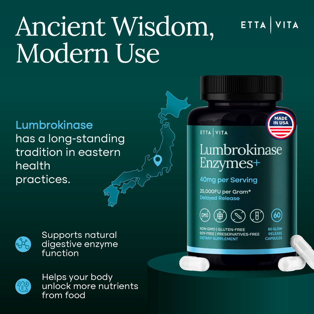 Made in USA tag on Etta Vita Potent Lumbrokinase packaging.