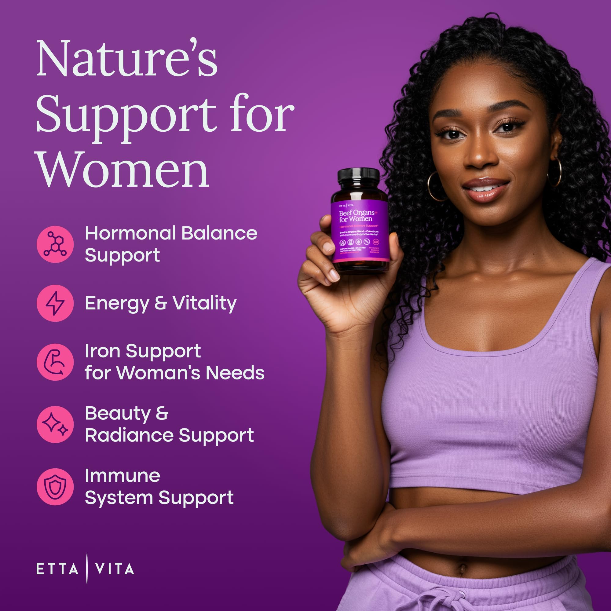 Etta Vita Primal beef organ uterus capsule supports hormonal balance and comfort.