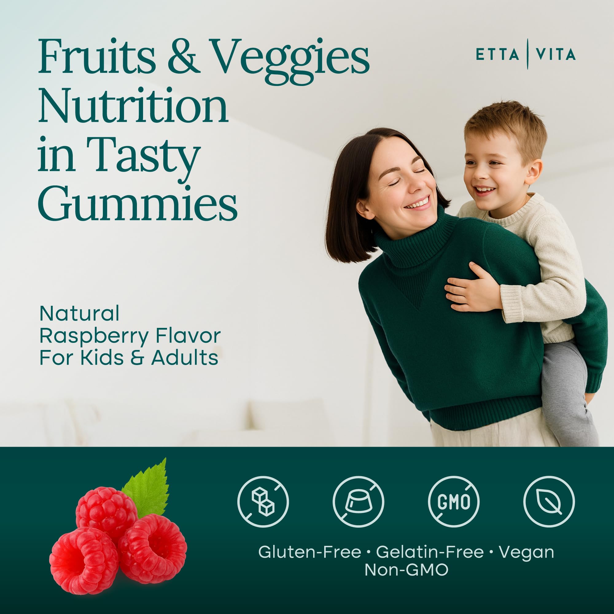 Etta Vita Super Greens Gummies jar close-up showing colorful texture for easy daily nutrition.