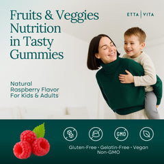 Etta Vita Super Greens Gummies jar close-up showing colorful texture for easy daily nutrition.