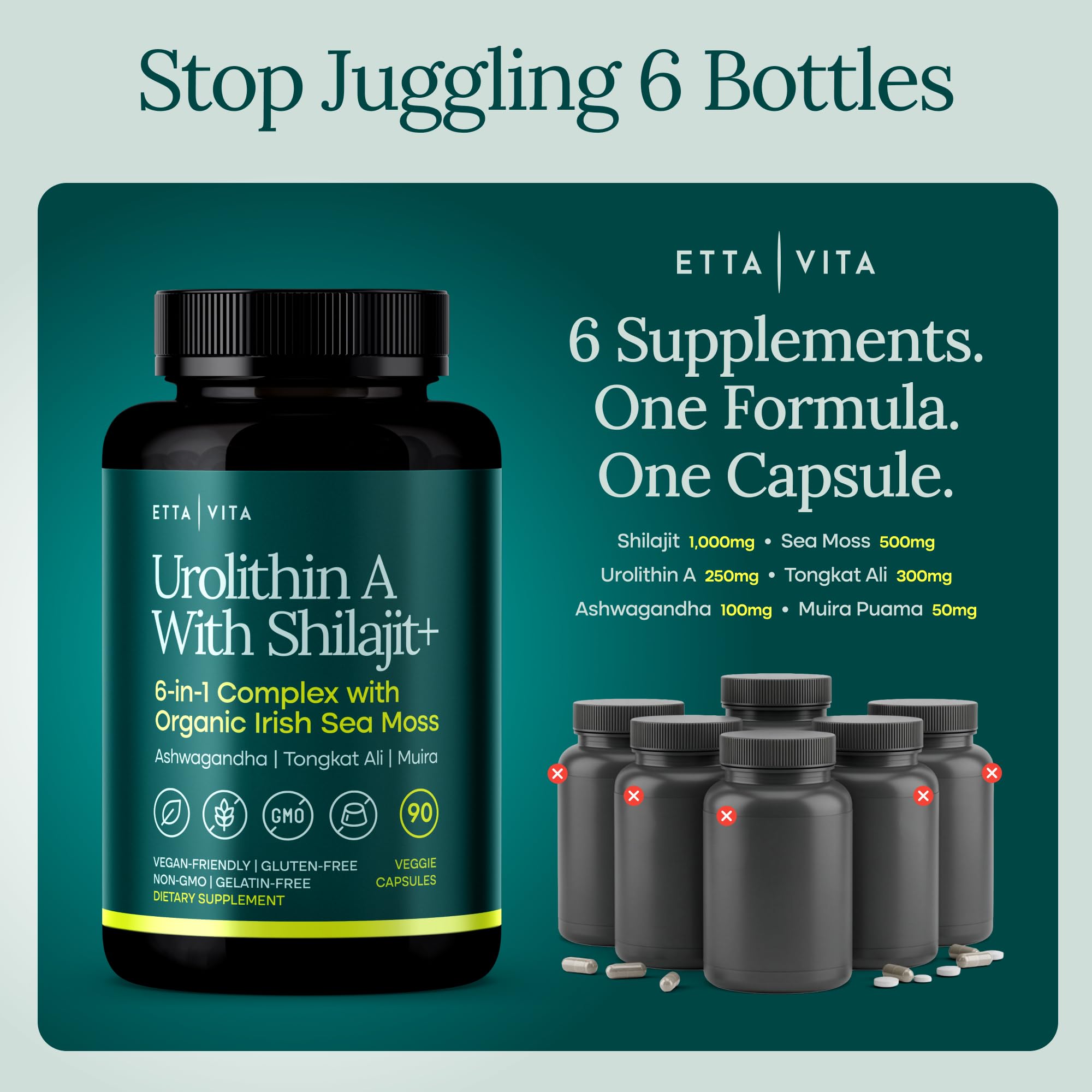 Etta Vita Ashwagandha adaptogen bottle for stress resilience and focus.