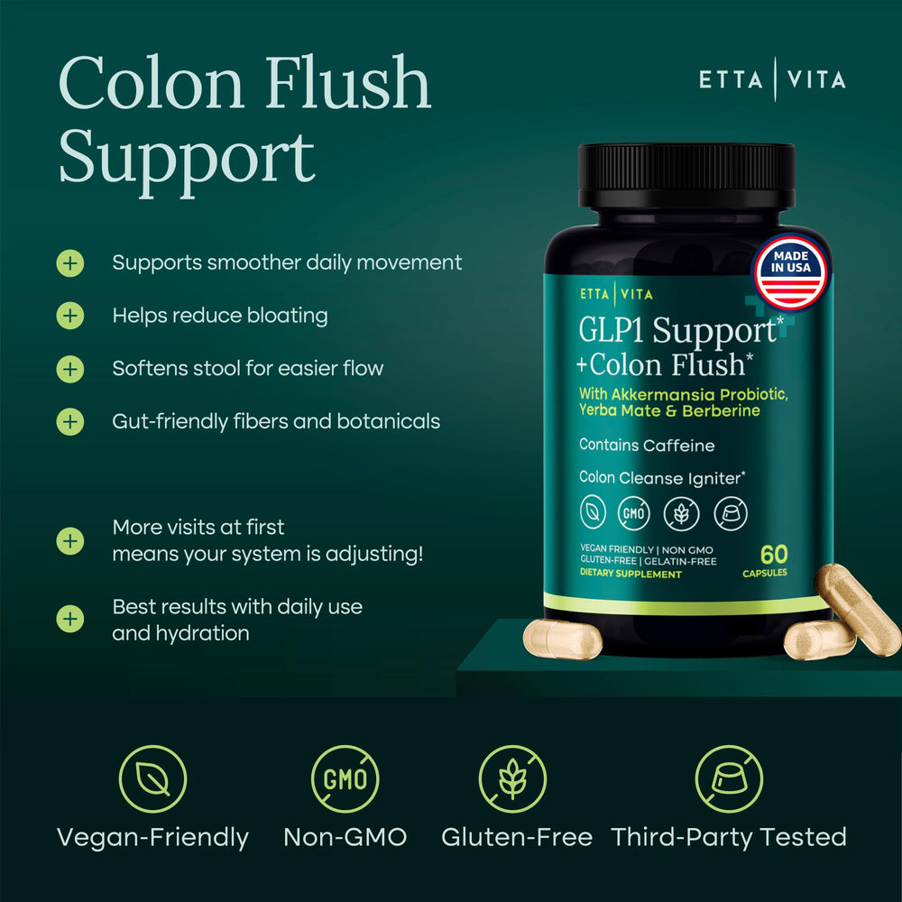 Etta Vita colon cleanse bottle side view highlighting gut-friendly ingredients.