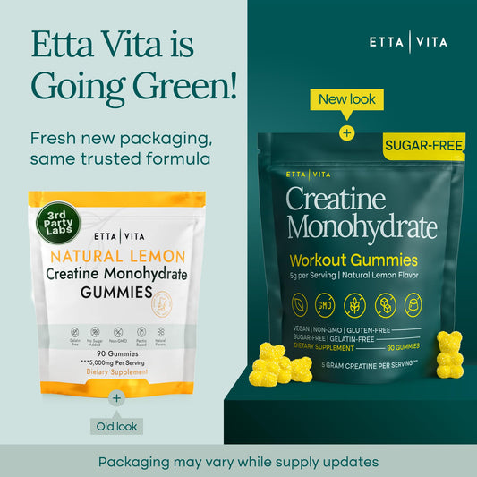 Etta Vita creatine gummies 5000mg serving label highlights potent daily dose