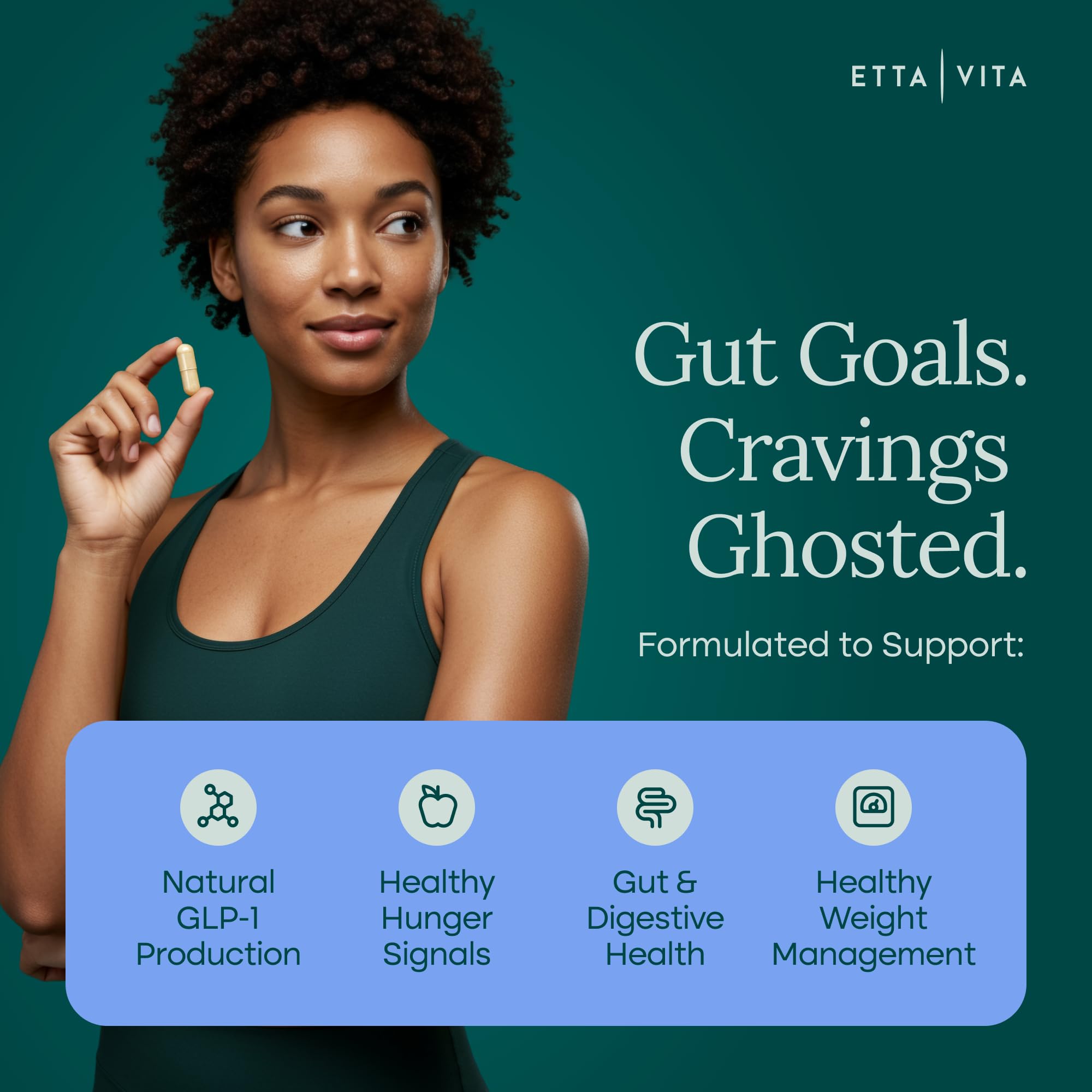 Etta Vita GLP-1 Probiotic caps closeup on capsule design for smooth swallowing