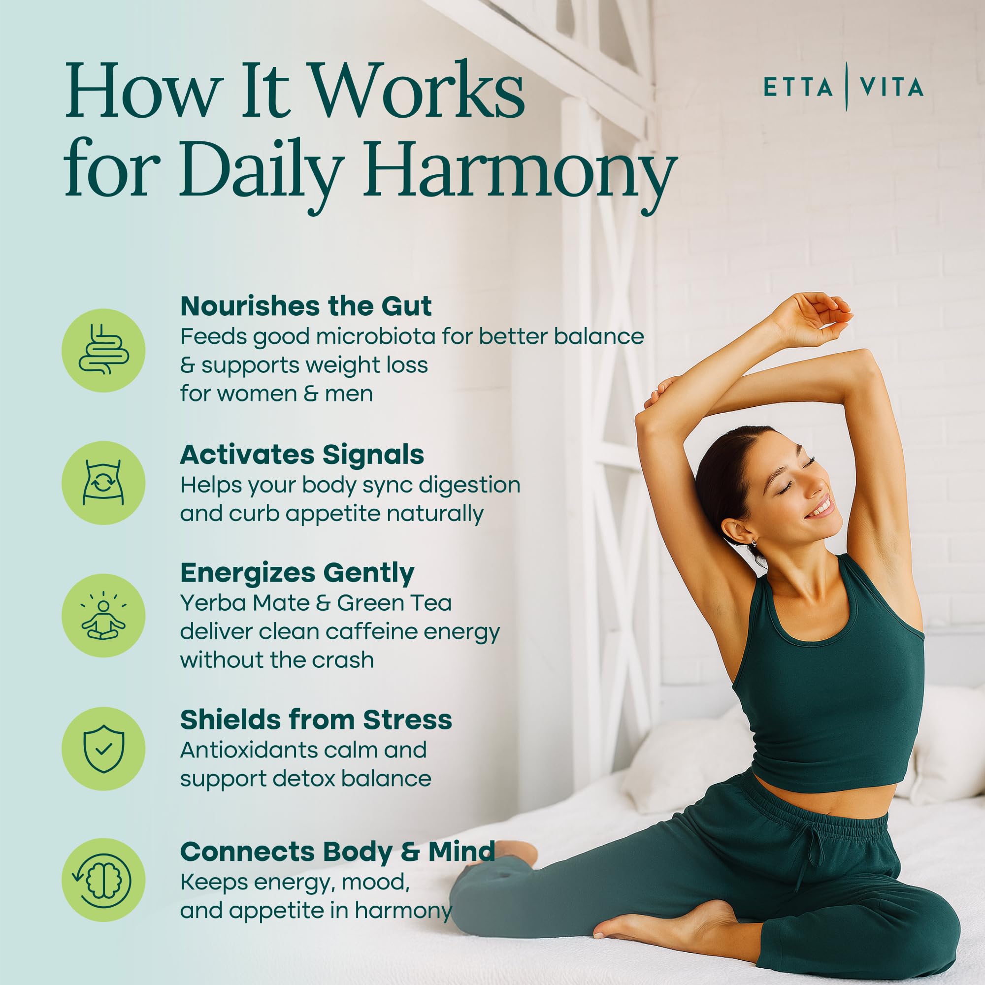 Etta Vita green tea energy cup scene for natural metabolism support.