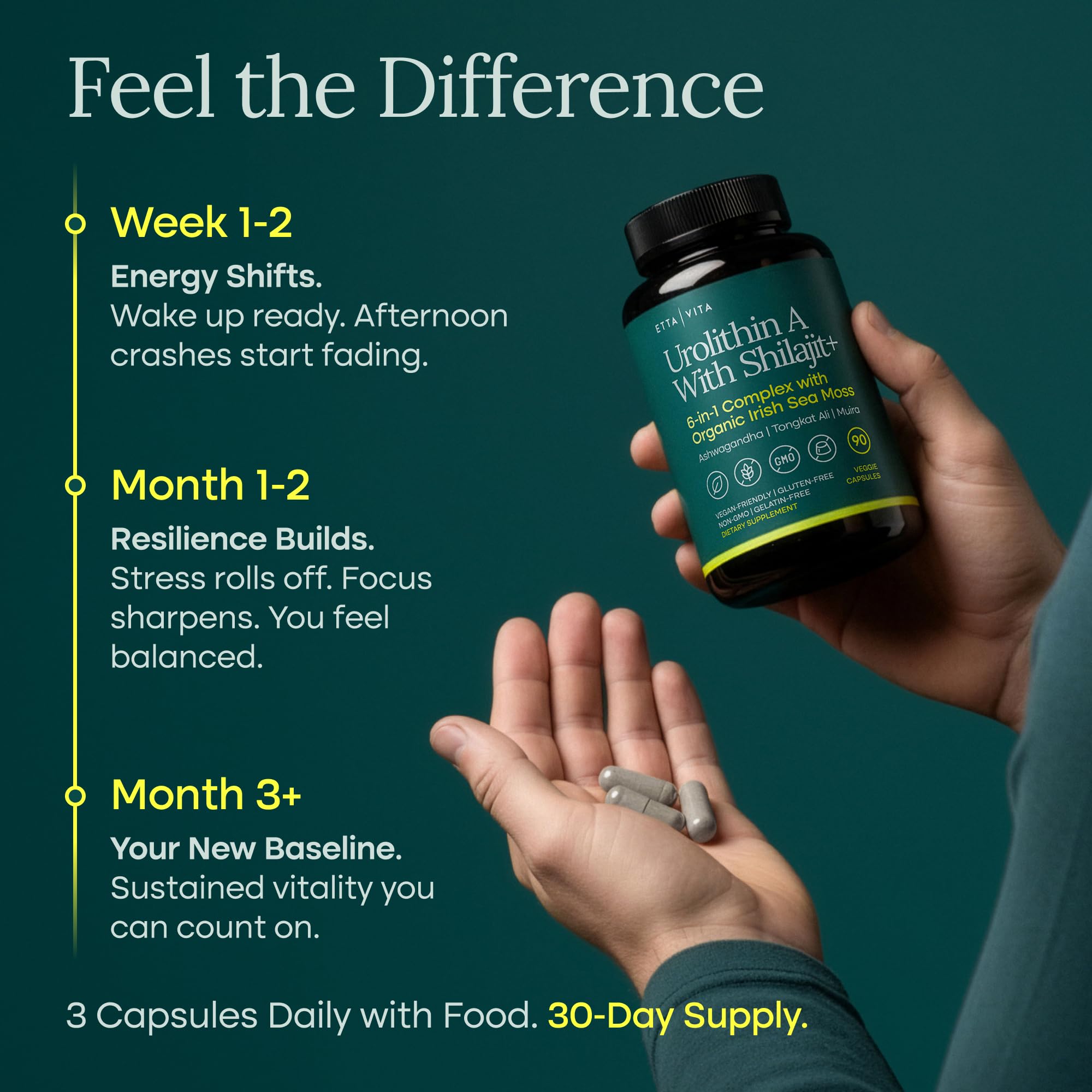 Etta Vita Shilajit jar emphasizing energy production and cellular resilience.