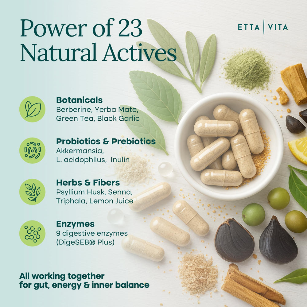 Etta Vita Triphala blend jar signaling gentle detox and regularity.