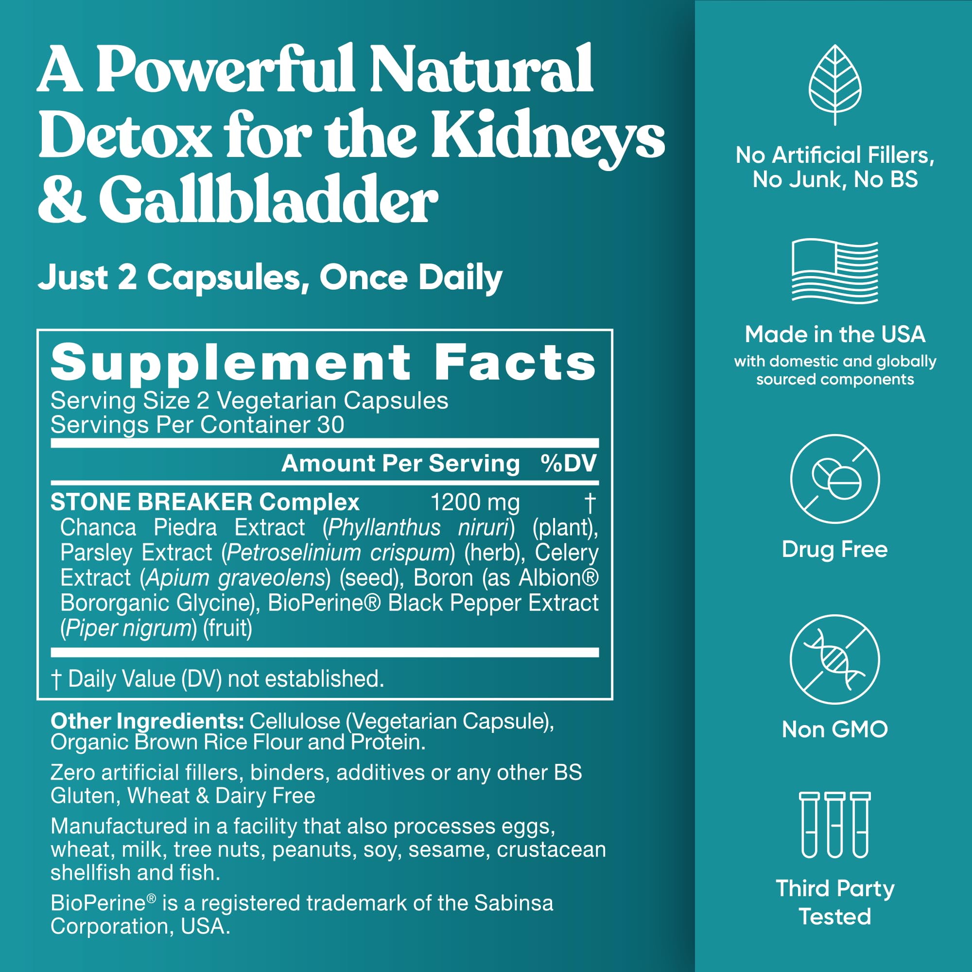 Eu Natural Chanca Piedra bioperine absorption label suggesting enhanced nutrient uptake.
