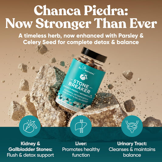 Eu Natural Chanca Piedra capsules closeup highlighting vegetarian formula for easy daily use.
