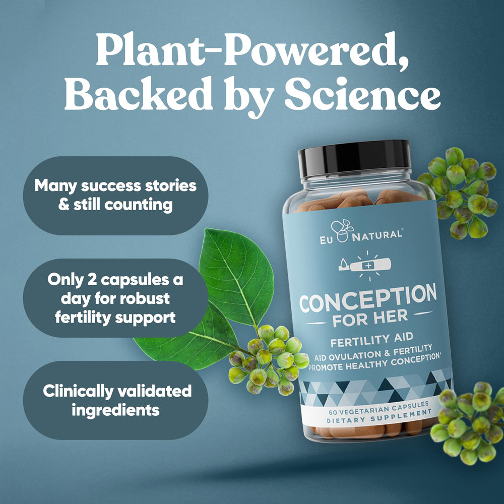 Eu Natural Conception for Her capsules in glass with water demonstrate a simple daily routine.