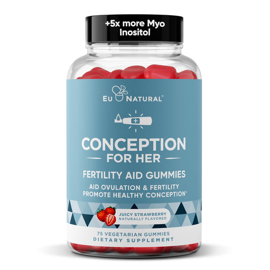 Eu Natural Conception for Her bottle with strawberry gummies for daily preconception support