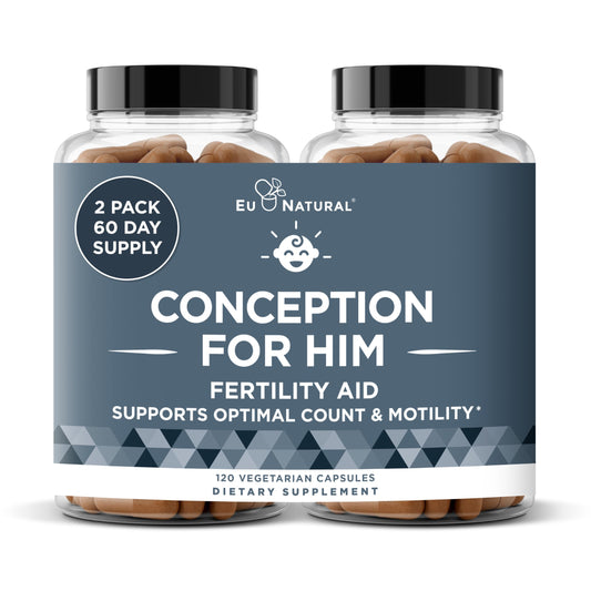 Eu Natural Conception for Him bottle cap closeup, showing daily fertility capsules.