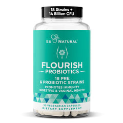 Eu Natural Flourish bottle shows women's probiotic blend for gut balance.