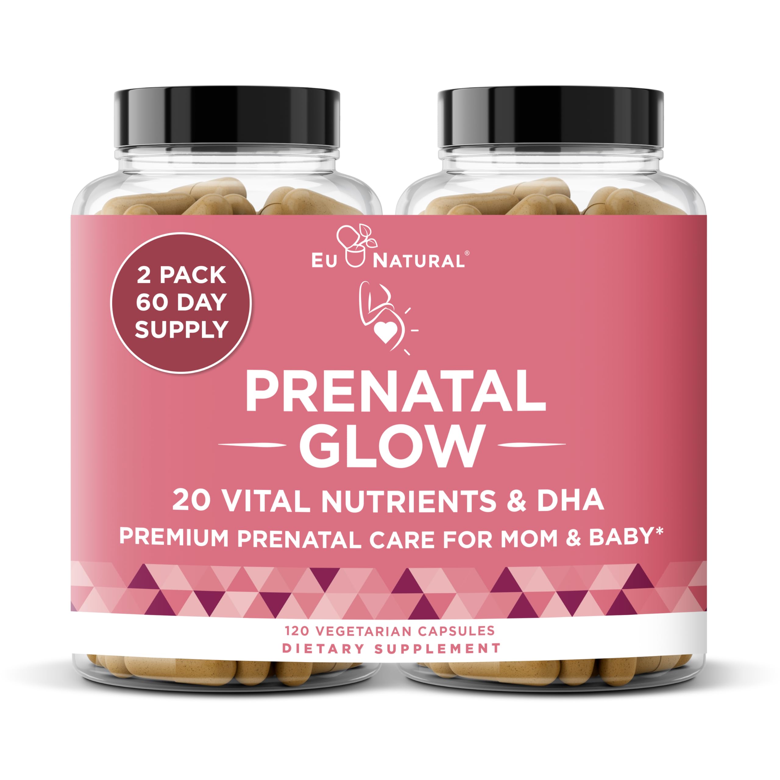Eu Natural Glow bottle front view highlighting prenatal nutrition for expecting moms.