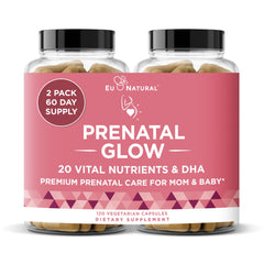 Eu Natural Glow bottle front view highlighting prenatal nutrition for expecting moms.