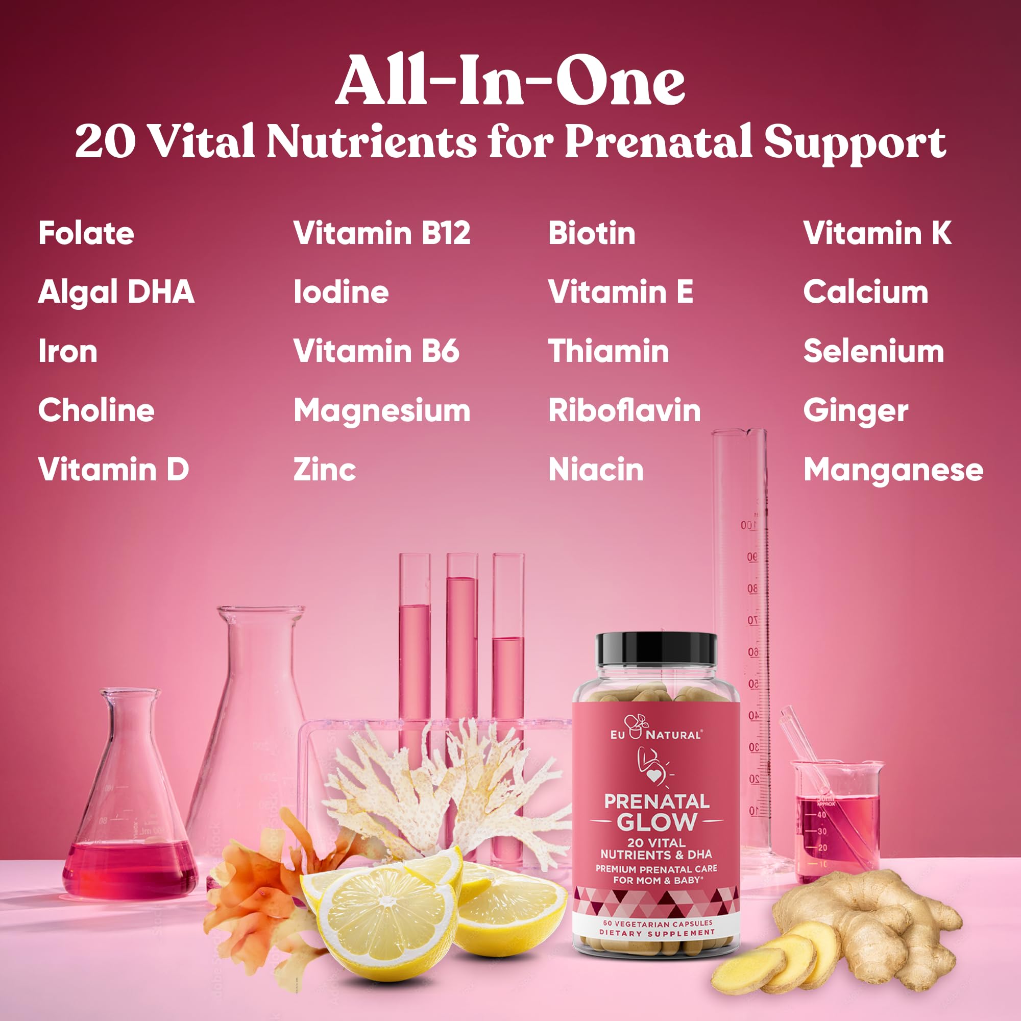 Eu Natural Glow label close-up with folate and vegan DHA emphasis.