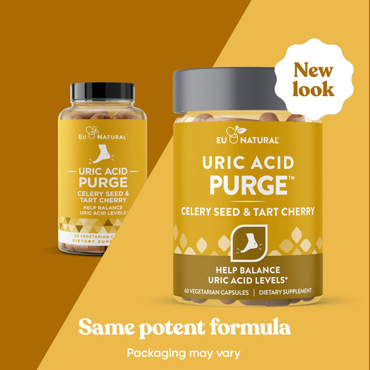 Eu Natural Purge Uric Acid Flush label closeup showing key ingredients Celery Seed Tart Cherry Chanca Piedra