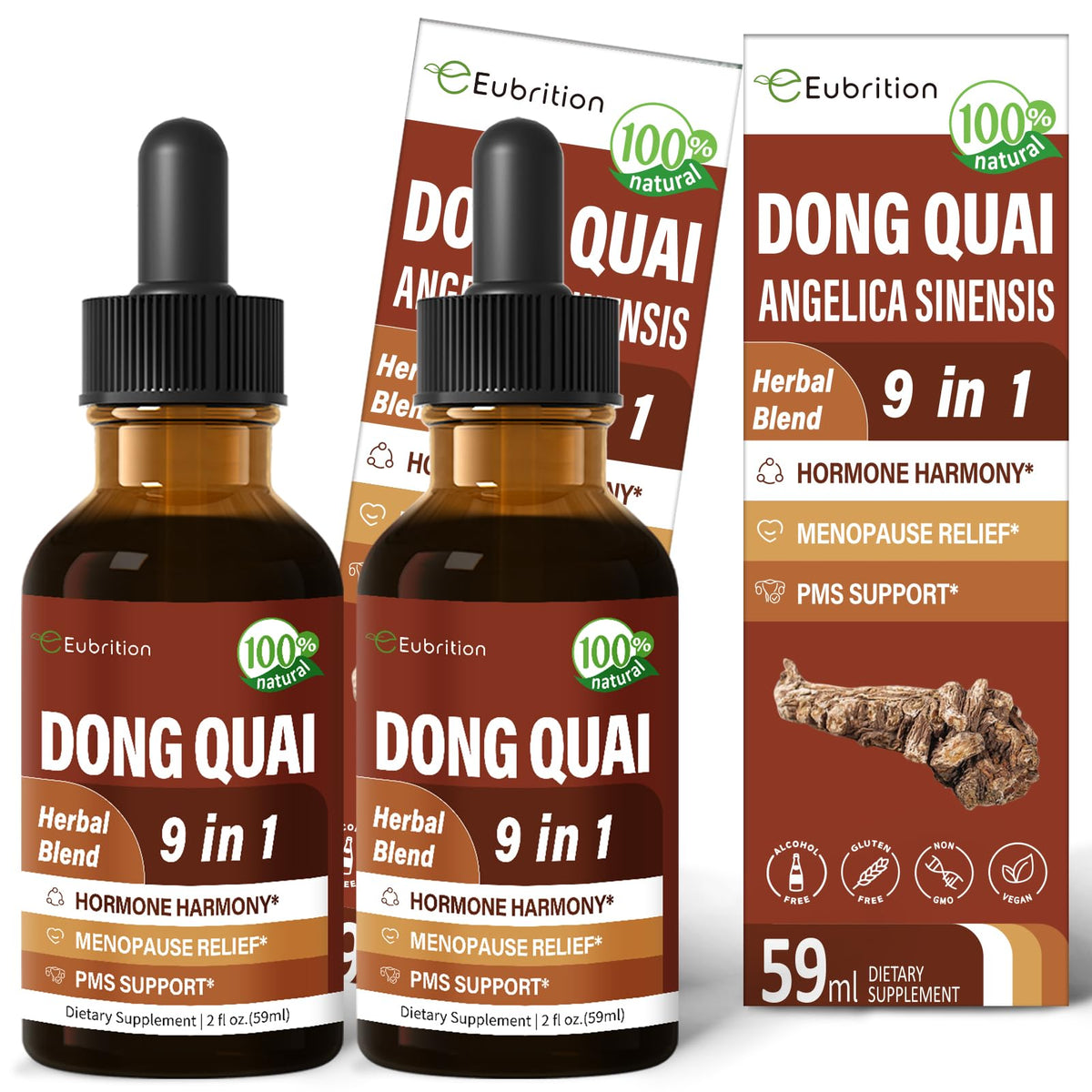 Eubrition Dong Quai Drops bottle pour enables easy daily dosing for hormone balance.