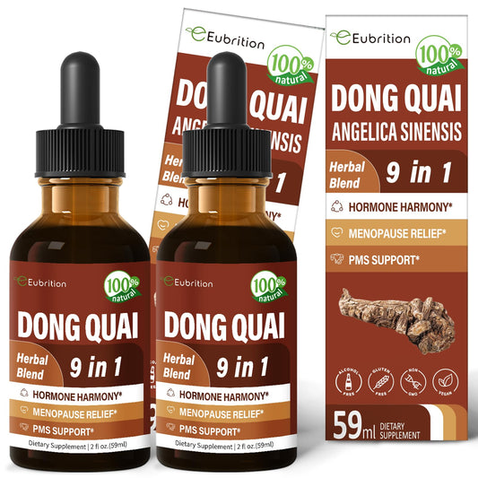Eubrition Dong Quai Drops bottle pour enables easy daily dosing for hormone balance.