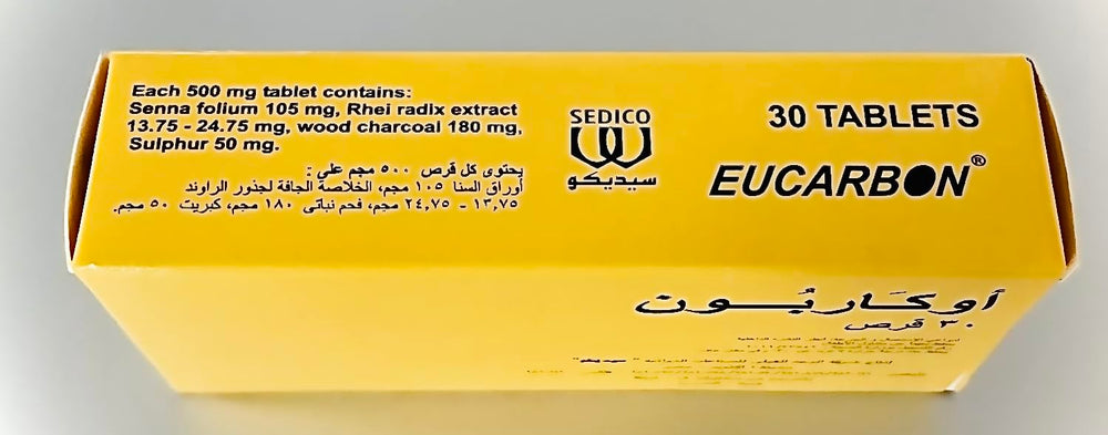 Eucarbon ingredients including senna leaves and rhubarb root for gentle regulation.