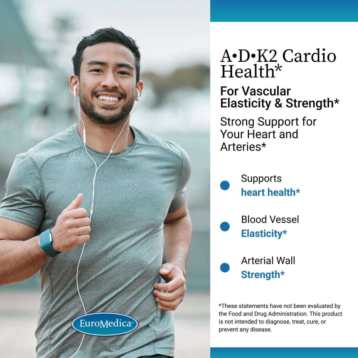 EuroMedica A•D•K2 Cardio Health bottle back reveals supplement facts.