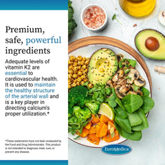 EuroMedica A•D•K2 Cardio Health packaging close-up emphasizes allergen-friendly formula.