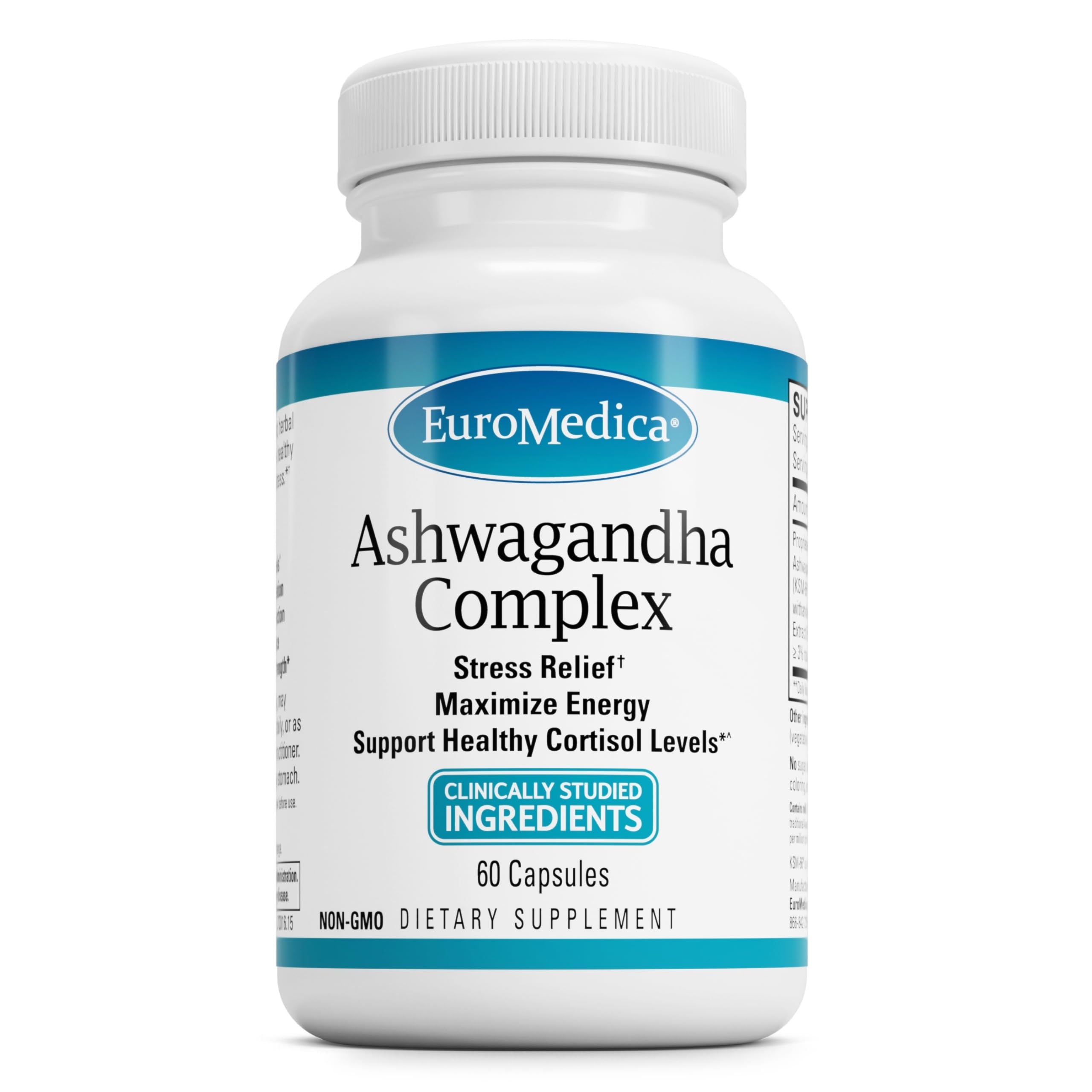 EuroMedica Ashwagandha Complex bottle supports daily wellness and adrenal health.