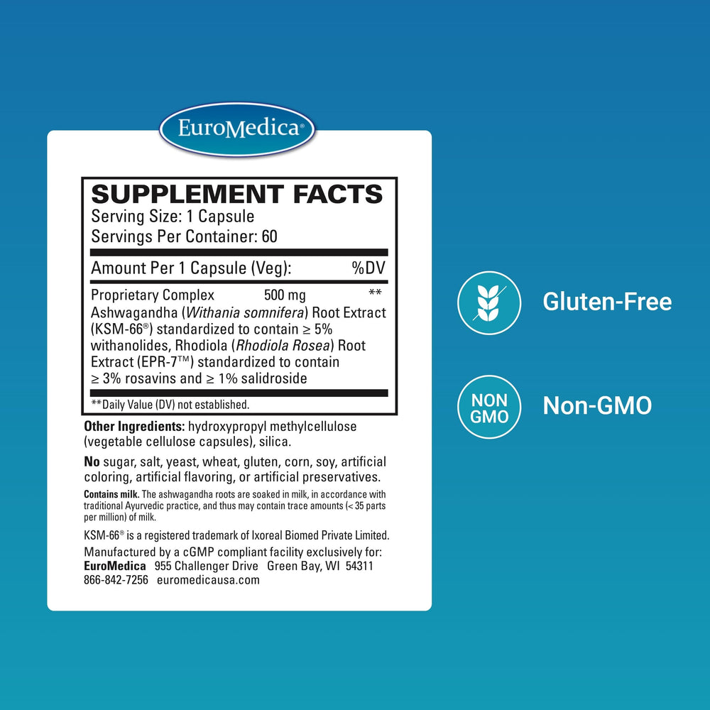 EuroMedica Ashwagandha Complex capsules shown for steady energy and focus.
