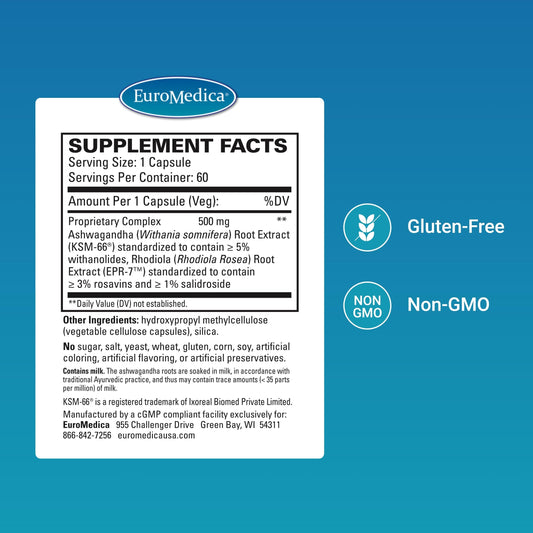 EuroMedica Ashwagandha Complex capsules shown for steady energy and focus.