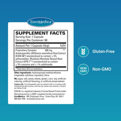 EuroMedica Ashwagandha Complex capsules shown for steady energy and focus.
