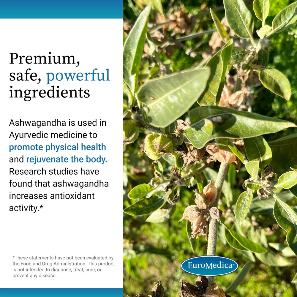 EuroMedica Ashwagandha Complex ingredients list highlights rhodiola and ashwagandha synergy.