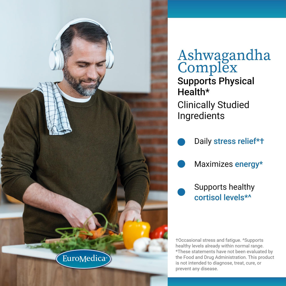 EuroMedica Ashwagandha Complex label details ingredients and dosage guidance.