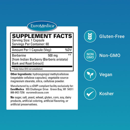 EuroMedica Berberine 500 mg bottle – promotes heart health and metabolic balance.