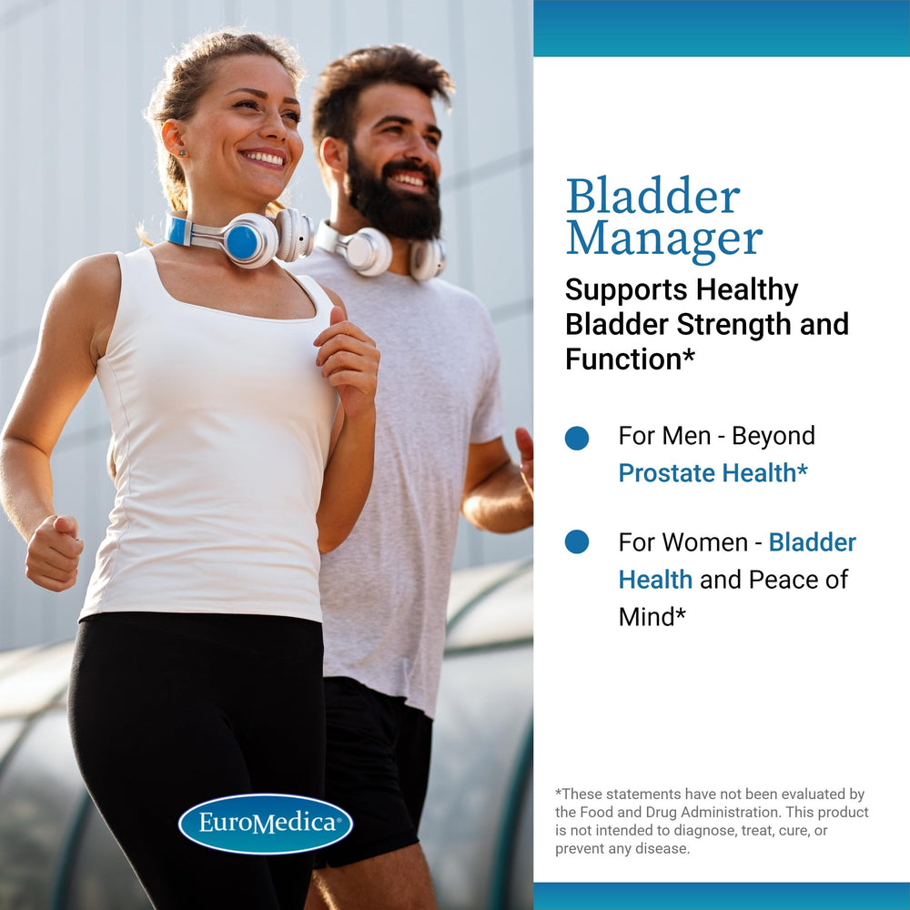 EuroMedica Bladder Manager bottle next to its box, signaling trusted packaging.