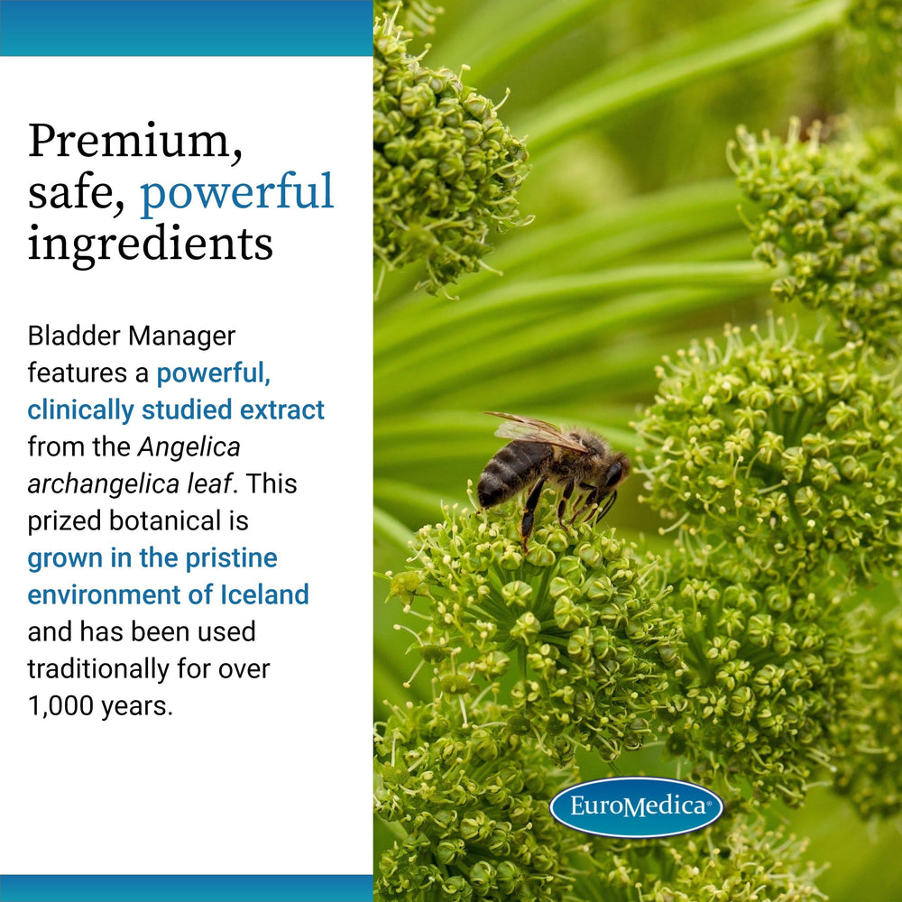 EuroMedica Bladder Manager ingredients panel emphasizes vegan, allergen-free formulation.