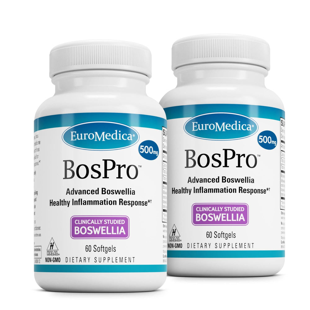 EuroMedica BosPro bottle front with 2-pack packaging for daily boswellia support.