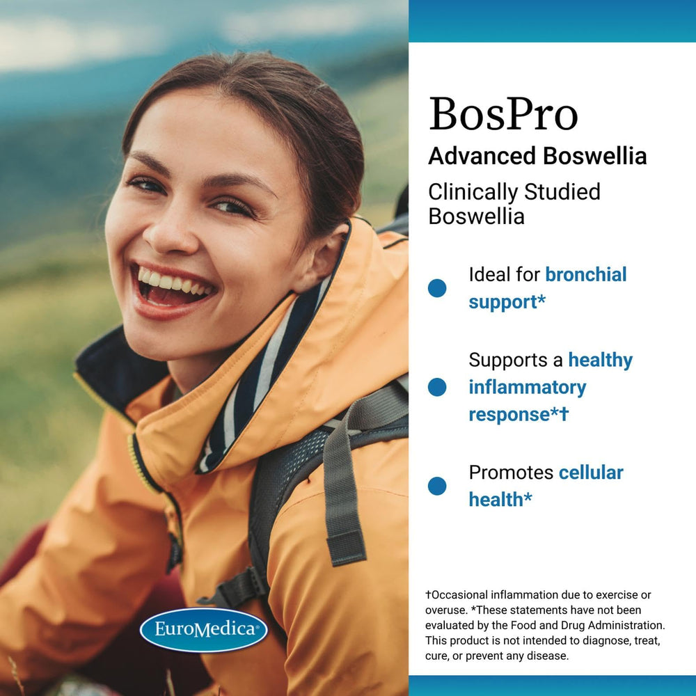 Bottle pour image shows easy daily intake of EuroMedica BosPro softgels.